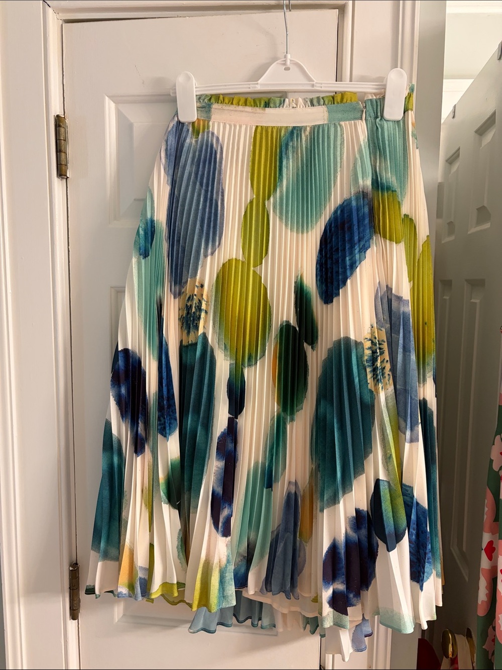 Pleated Floral Midi Skirt in White with Blue & Green Spots by Maeve from Anthrop